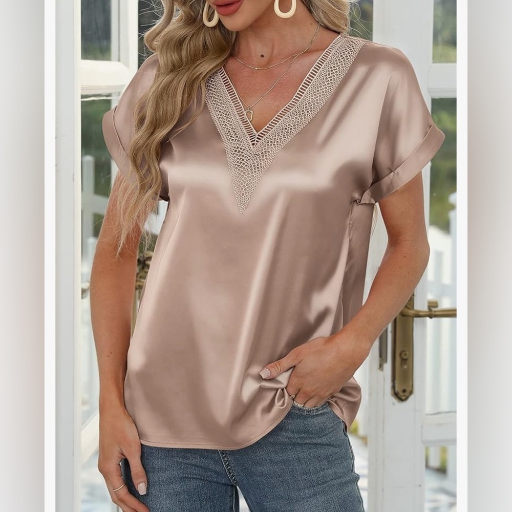Women's Short Sleeve Silk Tops Guipure Lace V Neck Satin Blouse Solid Elegant